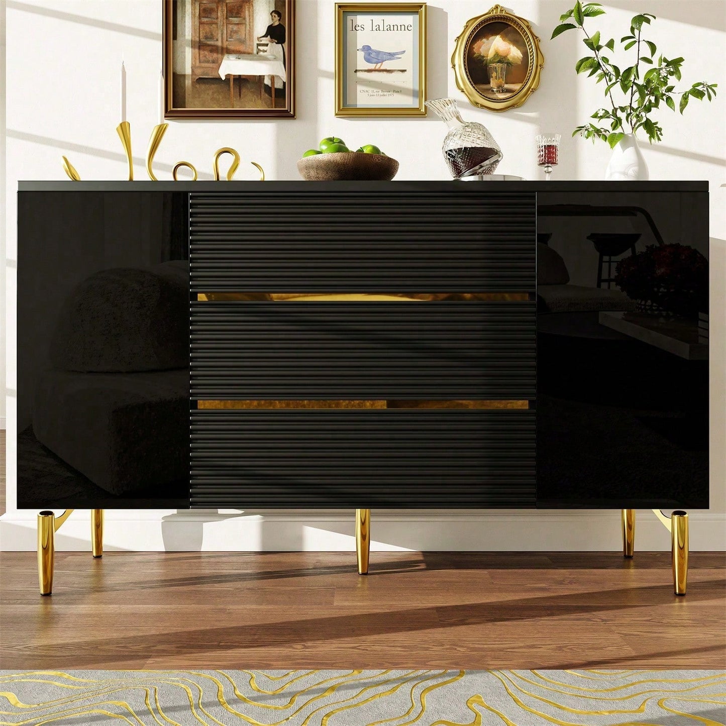 Kommode, Schwarzer Esszimmerschrank, Einfach Und Modern, Geeignet Für Schlafzimmer, Wohnzimmer, Esszimmer, Kariertes Schubladentürdesign, Glänzende Goldverzierung, Dreischichtige Schublade