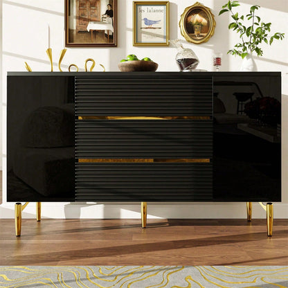 Kommode, Schwarzer Esszimmerschrank, Einfach Und Modern, Geeignet Für Schlafzimmer, Wohnzimmer, Esszimmer, Kariertes Schubladentürdesign, Glänzende Goldverzierung, Dreischichtige Schublade
