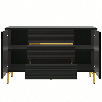 Kommode, Schwarzer Esszimmerschrank, Einfach Und Modern, Geeignet Für Schlafzimmer, Wohnzimmer, Esszimmer, Kariertes Schubladentürdesign, Glänzende Goldverzierung, Dreischichtige Schublade