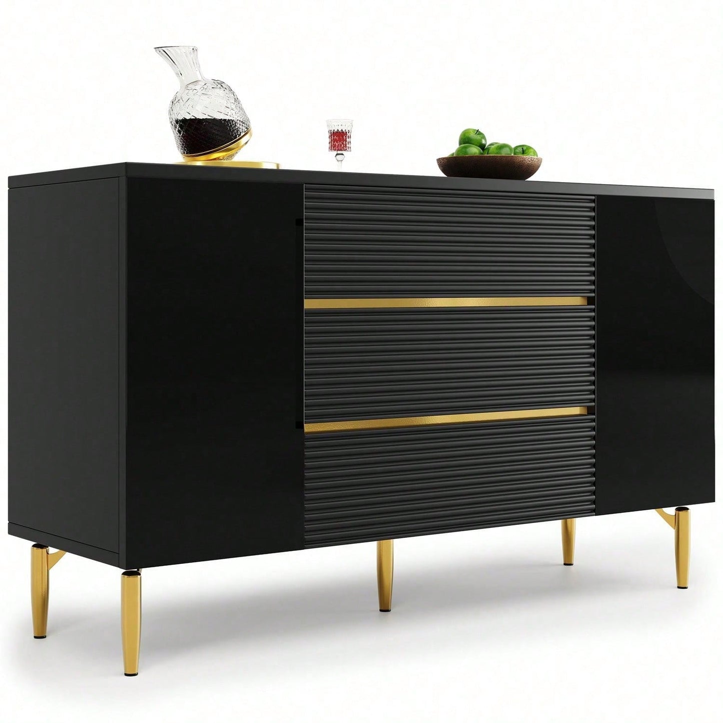 Kommode, Schwarzer Esszimmerschrank, Einfach Und Modern, Geeignet Für Schlafzimmer, Wohnzimmer, Esszimmer, Kariertes Schubladentürdesign, Glänzende Goldverzierung, Dreischichtige Schublade