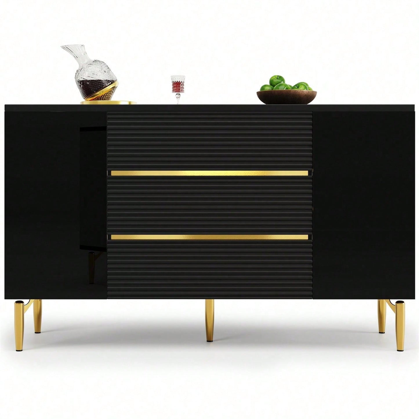 Kommode, Schwarzer Esszimmerschrank, Einfach Und Modern, Geeignet Für Schlafzimmer, Wohnzimmer, Esszimmer, Kariertes Schubladentürdesign, Glänzende Goldverzierung, Dreischichtige Schublade