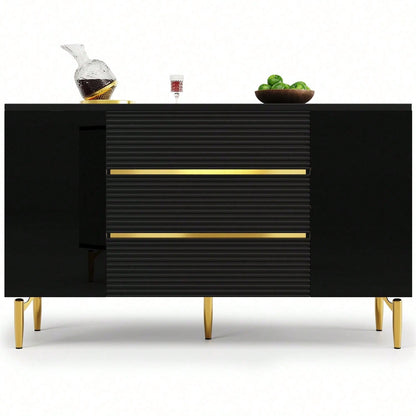 Kommode, Schwarzer Esszimmerschrank, Einfach Und Modern, Geeignet Für Schlafzimmer, Wohnzimmer, Esszimmer, Kariertes Schubladentürdesign, Glänzende Goldverzierung, Dreischichtige Schublade