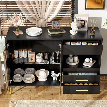 Leichtes, luxuriöses, modernes Sideboard mit eleganter, tealfarbener Glastür, Griffe aus Kristall-Acryl für Esszimmer und Wohnzimmer, galvanisierte, goldene Eisenbeine, schwarzer Korpus