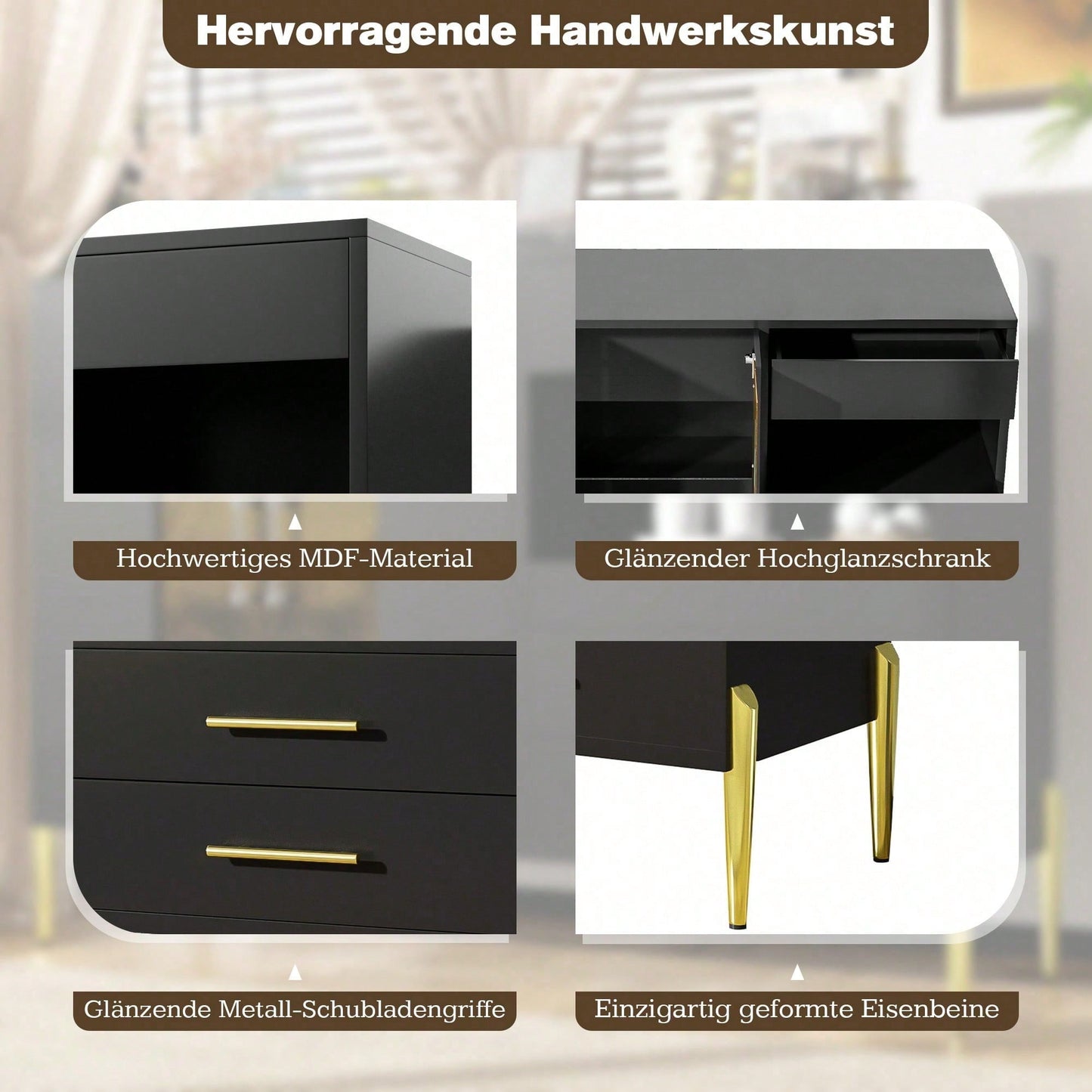 Leichtes, luxuriöses, modernes Sideboard mit eleganter, tealfarbener Glastür, Griffe aus Kristall-Acryl für Esszimmer und Wohnzimmer, galvanisierte, goldene Eisenbeine, schwarzer Korpus