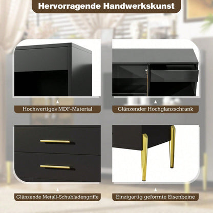 Leichtes, luxuriöses, modernes Sideboard mit eleganter, tealfarbener Glastür, Griffe aus Kristall-Acryl für Esszimmer und Wohnzimmer, galvanisierte, goldene Eisenbeine, schwarzer Korpus