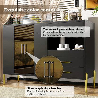 Leichtes, luxuriöses, modernes Sideboard mit eleganter, tealfarbener Glastür, Griffe aus Kristall-Acryl für Esszimmer und Wohnzimmer, galvanisierte, goldene Eisenbeine, schwarzer Korpus