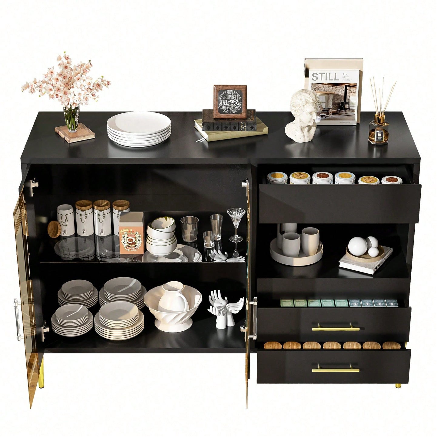 Leichtes, luxuriöses, modernes Sideboard mit eleganter, tealfarbener Glastür, Griffe aus Kristall-Acryl für Esszimmer und Wohnzimmer, galvanisierte, goldene Eisenbeine, schwarzer Korpus