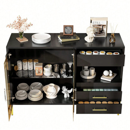 Leichtes, luxuriöses, modernes Sideboard mit eleganter, tealfarbener Glastür, Griffe aus Kristall-Acryl für Esszimmer und Wohnzimmer, galvanisierte, goldene Eisenbeine, schwarzer Korpus
