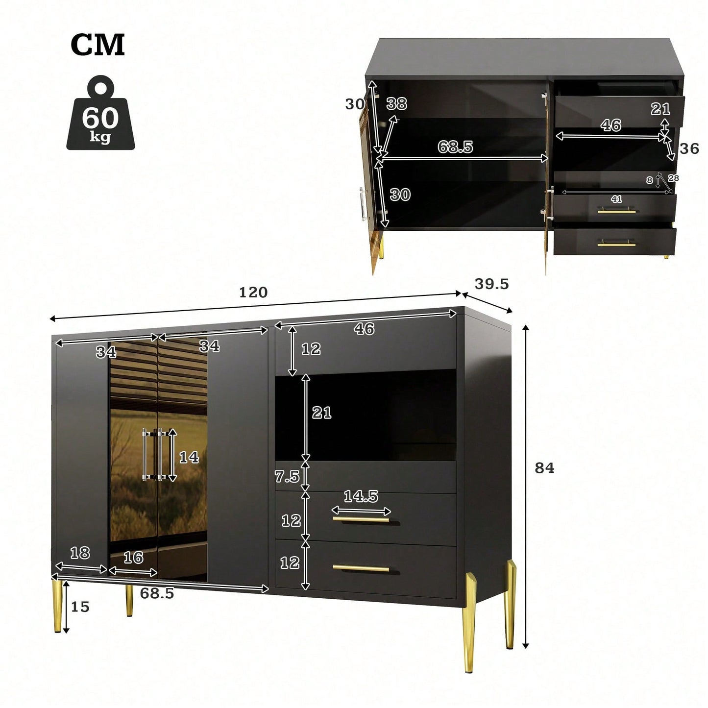 Leichtes, luxuriöses, modernes Sideboard mit eleganter, tealfarbener Glastür, Griffe aus Kristall-Acryl für Esszimmer und Wohnzimmer, galvanisierte, goldene Eisenbeine, schwarzer Korpus