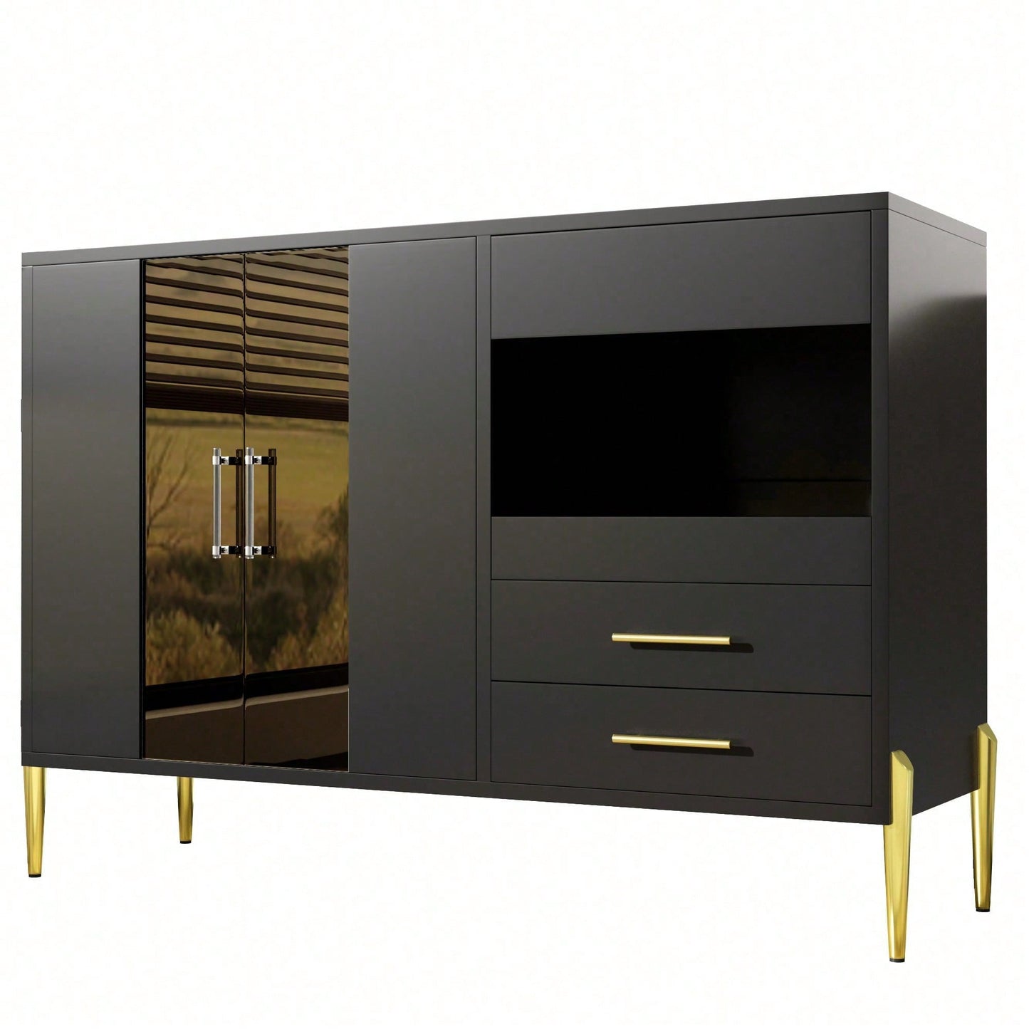 Leichtes, luxuriöses, modernes Sideboard mit eleganter, tealfarbener Glastür, Griffe aus Kristall-Acryl für Esszimmer und Wohnzimmer, galvanisierte, goldene Eisenbeine, schwarzer Korpus