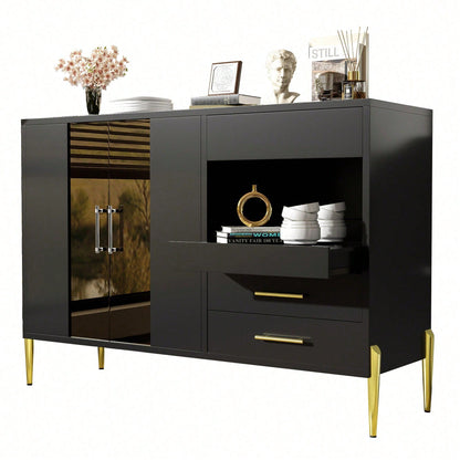Leichtes, luxuriöses, modernes Sideboard mit eleganter, tealfarbener Glastür, Griffe aus Kristall-Acryl für Esszimmer und Wohnzimmer, galvanisierte, goldene Eisenbeine, schwarzer Korpus