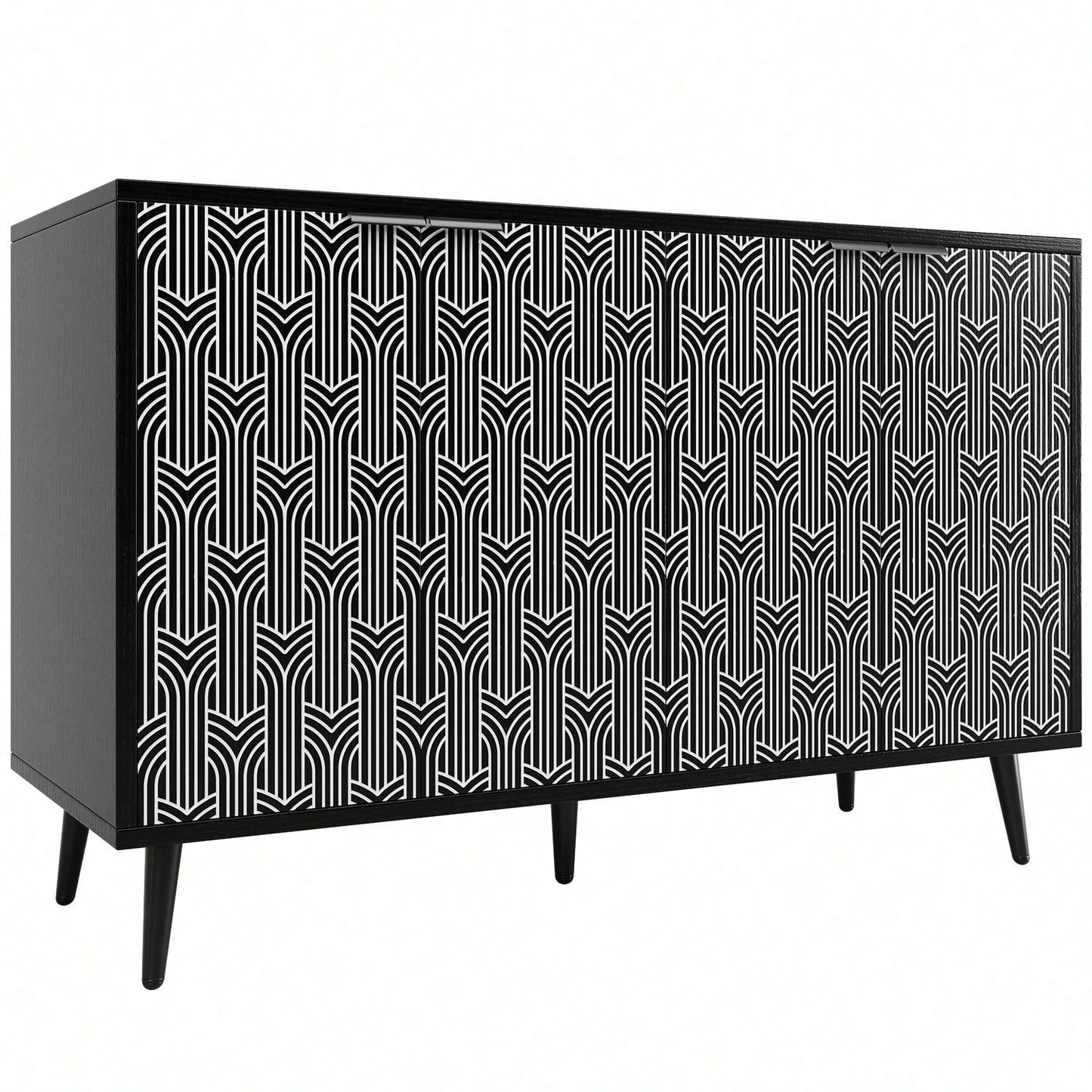 Esszimmerschrank (120*35*78cm), Esszimmer- und Wohnzimmer-Aufbewahrungsschrank, einzigartiges Schranktürdesign, freistehender Schrank, Antidumping, Fischgrätenmuster, geschnitzte Tür, schwarz