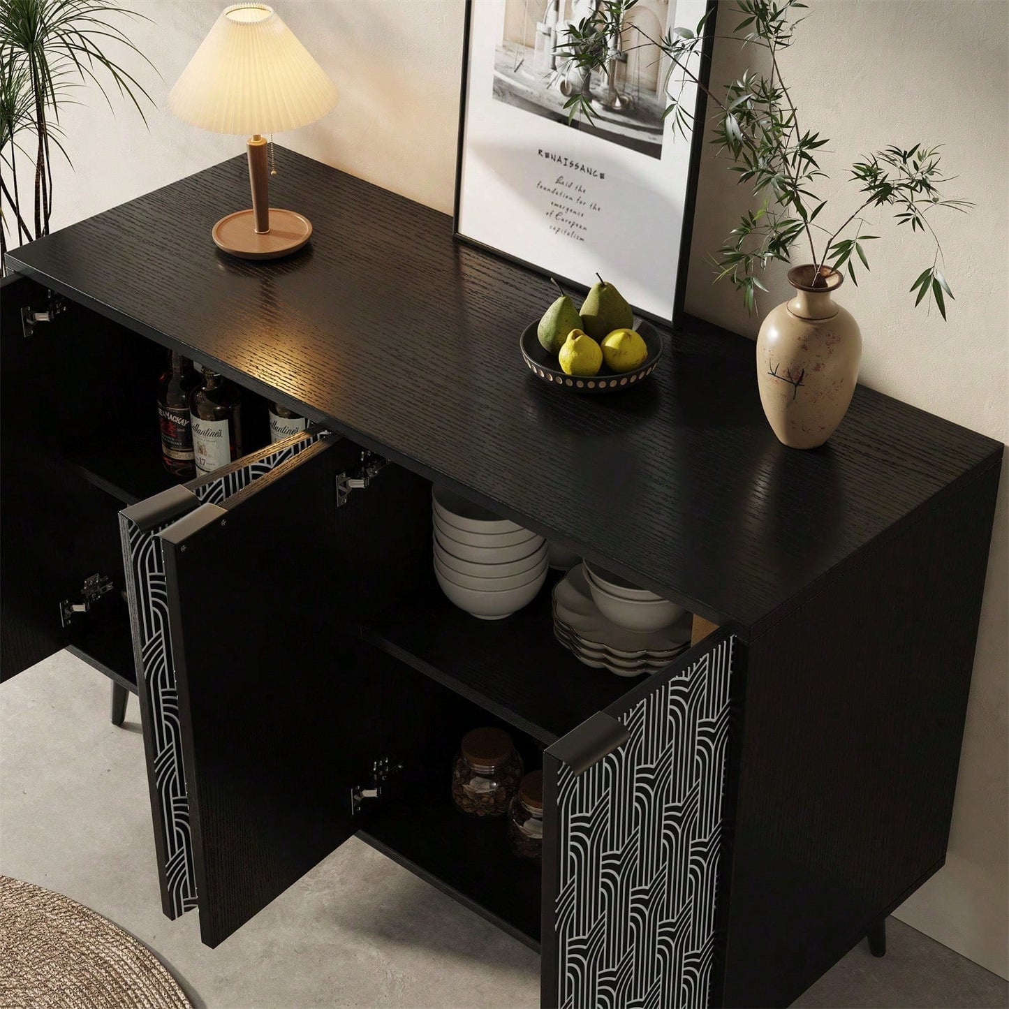 Esszimmerschrank (120*35*78cm), Esszimmer- und Wohnzimmer-Aufbewahrungsschrank, einzigartiges Schranktürdesign, freistehender Schrank, Antidumping, Fischgrätenmuster, geschnitzte Tür, schwarz