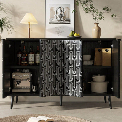 Esszimmerschrank (120*35*78cm), Esszimmer- und Wohnzimmer-Aufbewahrungsschrank, einzigartiges Schranktürdesign, freistehender Schrank, Antidumping, Fischgrätenmuster, geschnitzte Tür, schwarz