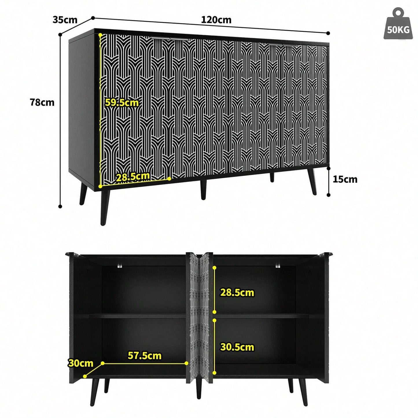 Esszimmerschrank (120*35*78cm), Esszimmer- und Wohnzimmer-Aufbewahrungsschrank, einzigartiges Schranktürdesign, freistehender Schrank, Antidumping, Fischgrätenmuster, geschnitzte Tür, schwarz