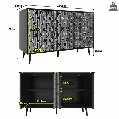 Esszimmerschrank (120*35*78cm), Esszimmer- und Wohnzimmer-Aufbewahrungsschrank, einzigartiges Schranktürdesign, freistehender Schrank, Antidumping, Fischgrätenmuster, geschnitzte Tür, schwarz