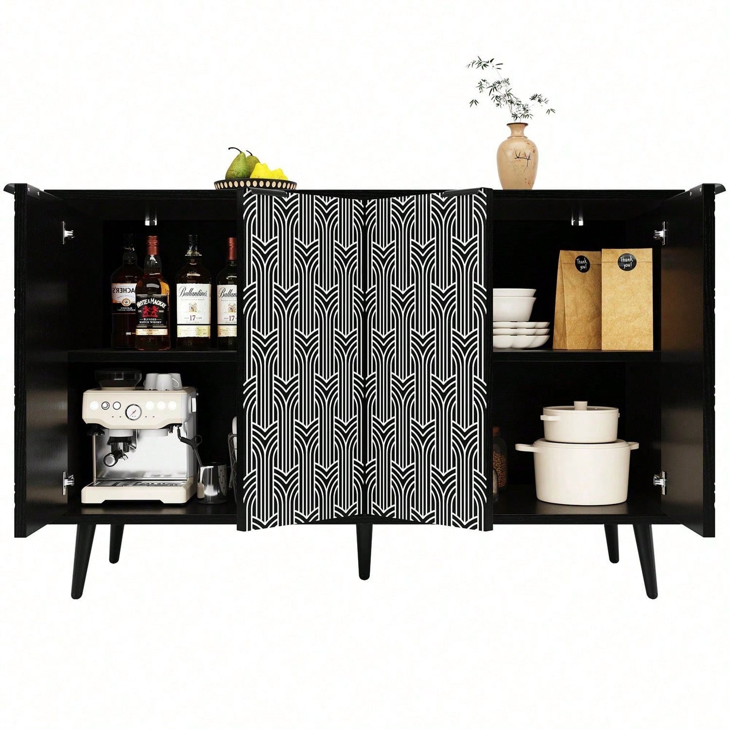 Esszimmerschrank (120*35*78cm), Esszimmer- und Wohnzimmer-Aufbewahrungsschrank, einzigartiges Schranktürdesign, freistehender Schrank, Antidumping, Fischgrätenmuster, geschnitzte Tür, schwarz