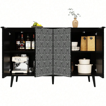 Esszimmerschrank (120*35*78cm), Esszimmer- und Wohnzimmer-Aufbewahrungsschrank, einzigartiges Schranktürdesign, freistehender Schrank, Antidumping, Fischgrätenmuster, geschnitzte Tür, schwarz