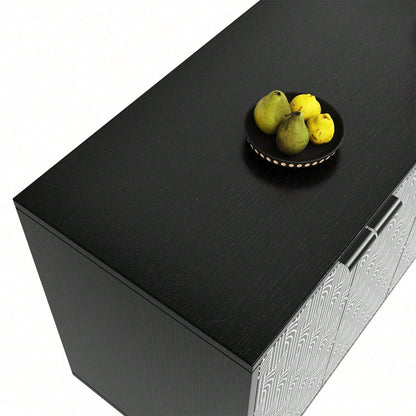 Esszimmerschrank (120*35*78cm), Esszimmer- und Wohnzimmer-Aufbewahrungsschrank, einzigartiges Schranktürdesign, freistehender Schrank, Antidumping, Fischgrätenmuster, geschnitzte Tür, schwarz