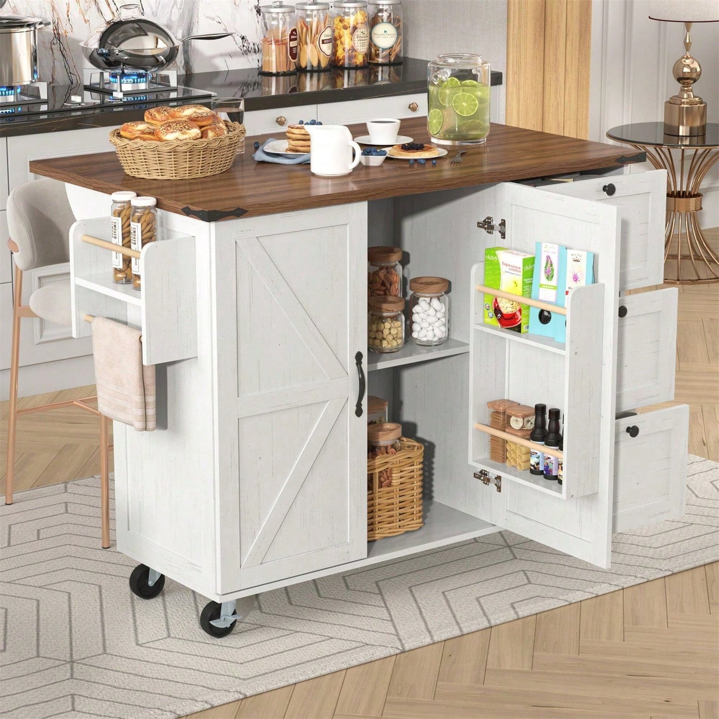 Kücheninsel, Servierwagen mit ausziehbarer Arbeitsplatte, Küchenschrank,Küchentrolley,Speisewagen mit Holzmaserung, Speisewagen mit zwei Türen und drei Schubladen