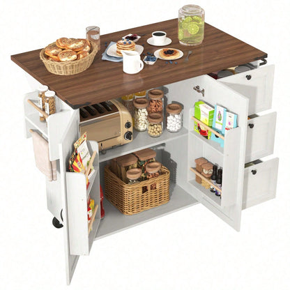 Kücheninsel, Servierwagen mit ausziehbarer Arbeitsplatte, Küchenschrank,Küchentrolley,Speisewagen mit Holzmaserung, Speisewagen mit zwei Türen und drei Schubladen