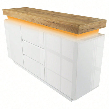 Kommode, Hochglanz Sideboard mit 2 Türen und 3 Schubladen, LED Beleuchtung (App Control), Mehrzweckschrank für Wohnzimmer und Schlafzimmer, 81 x 140 x 39 cm, Weiß