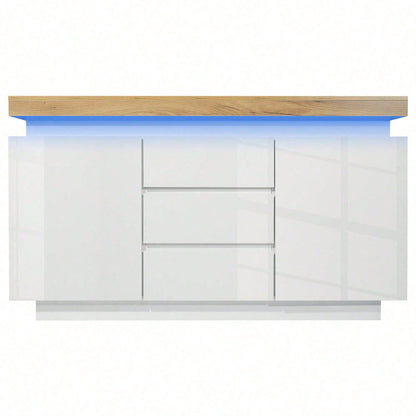 Kommode, Hochglanz Sideboard mit 2 Türen und 3 Schubladen, LED Beleuchtung (App Control), Mehrzweckschrank für Wohnzimmer und Schlafzimmer, 81 x 140 x 39 cm, Weiß