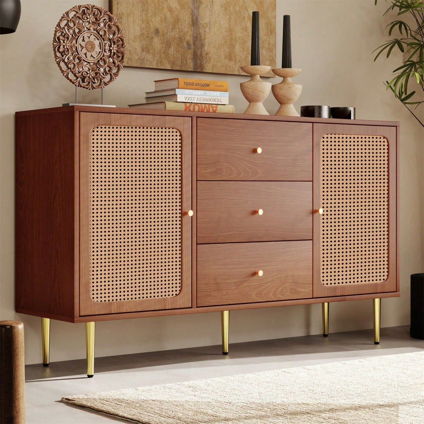 Kommode mit 2 Türen und 3 Schubladen, Rattan Türkommoden mit Schubkasten, Verstellbare Ablage, für Wohnzimmer Schlafzimmer, Nussbaum-H90/B150/T40 cm