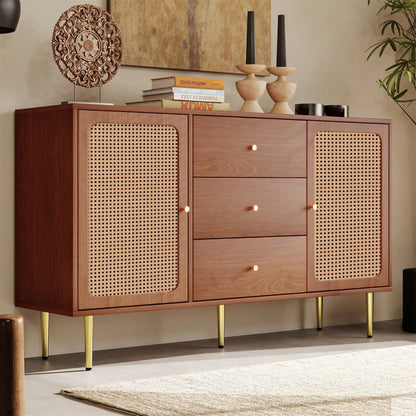 Kommode mit 2 Türen und 3 Schubladen, Rattan Türkommoden mit Schubkasten, Verstellbare Ablage, für Wohnzimmer Schlafzimmer, Nussbaum-H90/B150/T40 cm