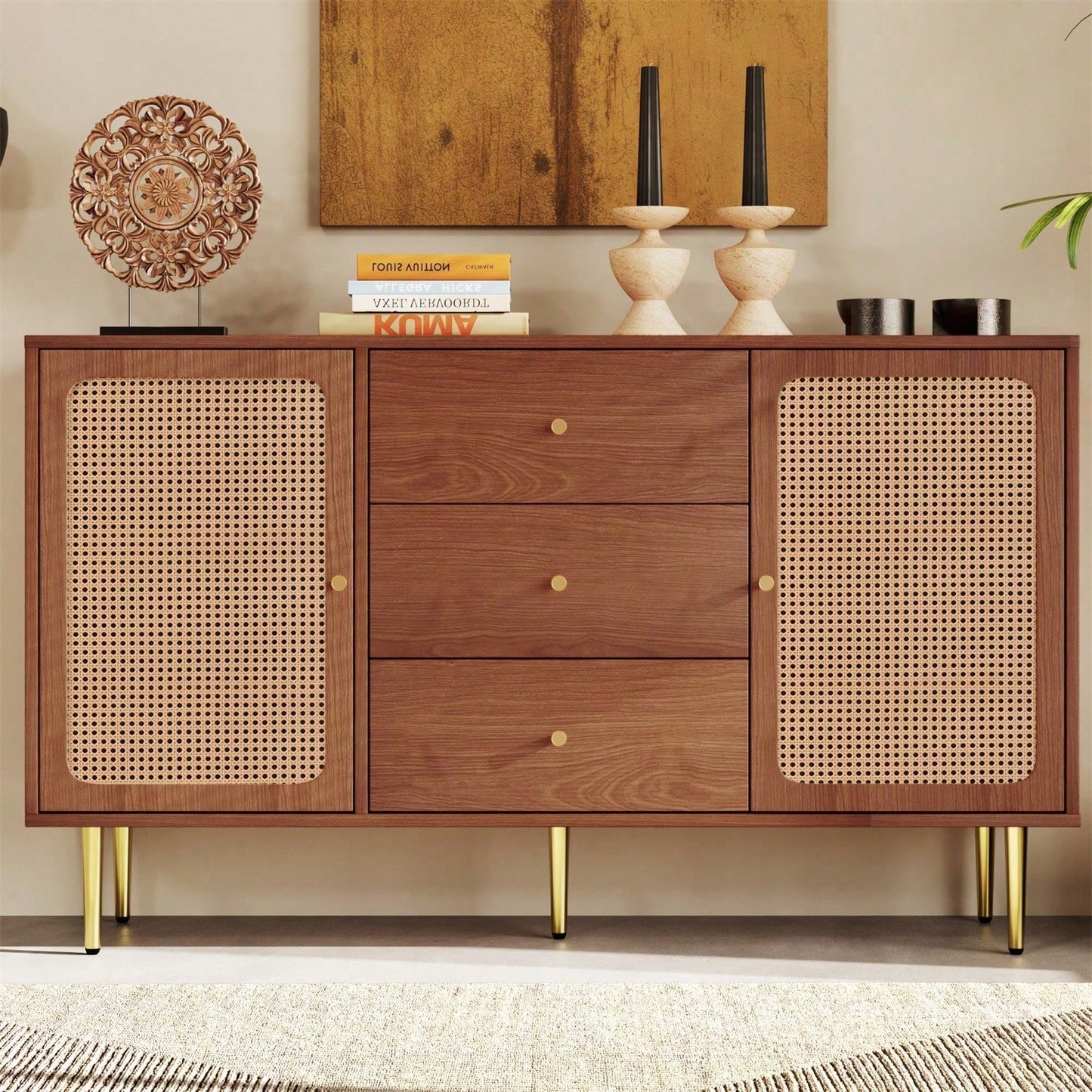Kommode mit 2 Türen und 3 Schubladen, Rattan Türkommoden mit Schubkasten, Verstellbare Ablage, für Wohnzimmer Schlafzimmer, Nussbaum-H90/B150/T40 cm