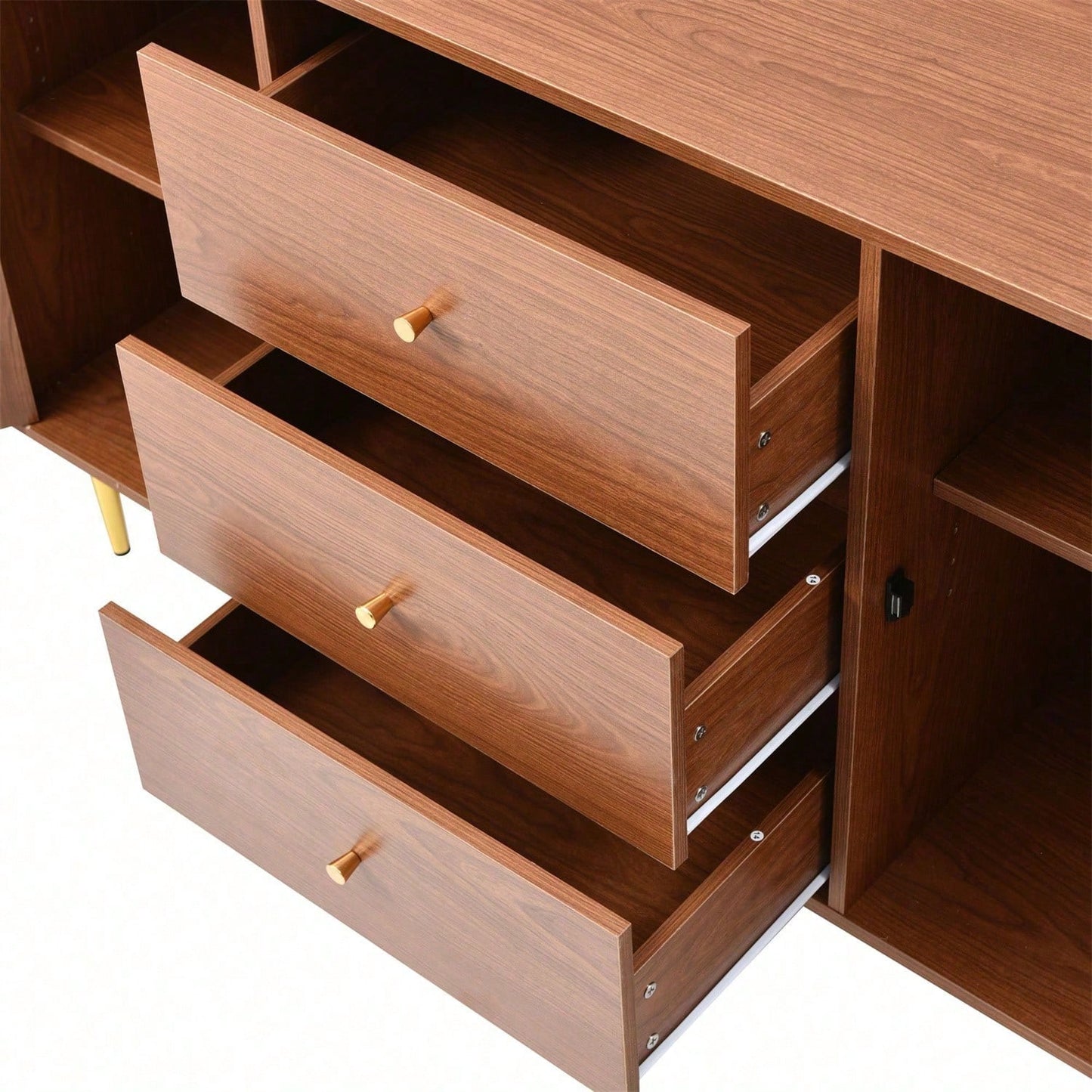 Kommode mit 2 Türen und 3 Schubladen, Rattan Türkommoden mit Schubkasten, Verstellbare Ablage, für Wohnzimmer Schlafzimmer, Nussbaum-H90/B150/T40 cm