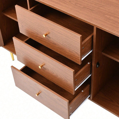 Kommode mit 2 Türen und 3 Schubladen, Rattan Türkommoden mit Schubkasten, Verstellbare Ablage, für Wohnzimmer Schlafzimmer, Nussbaum-H90/B150/T40 cm