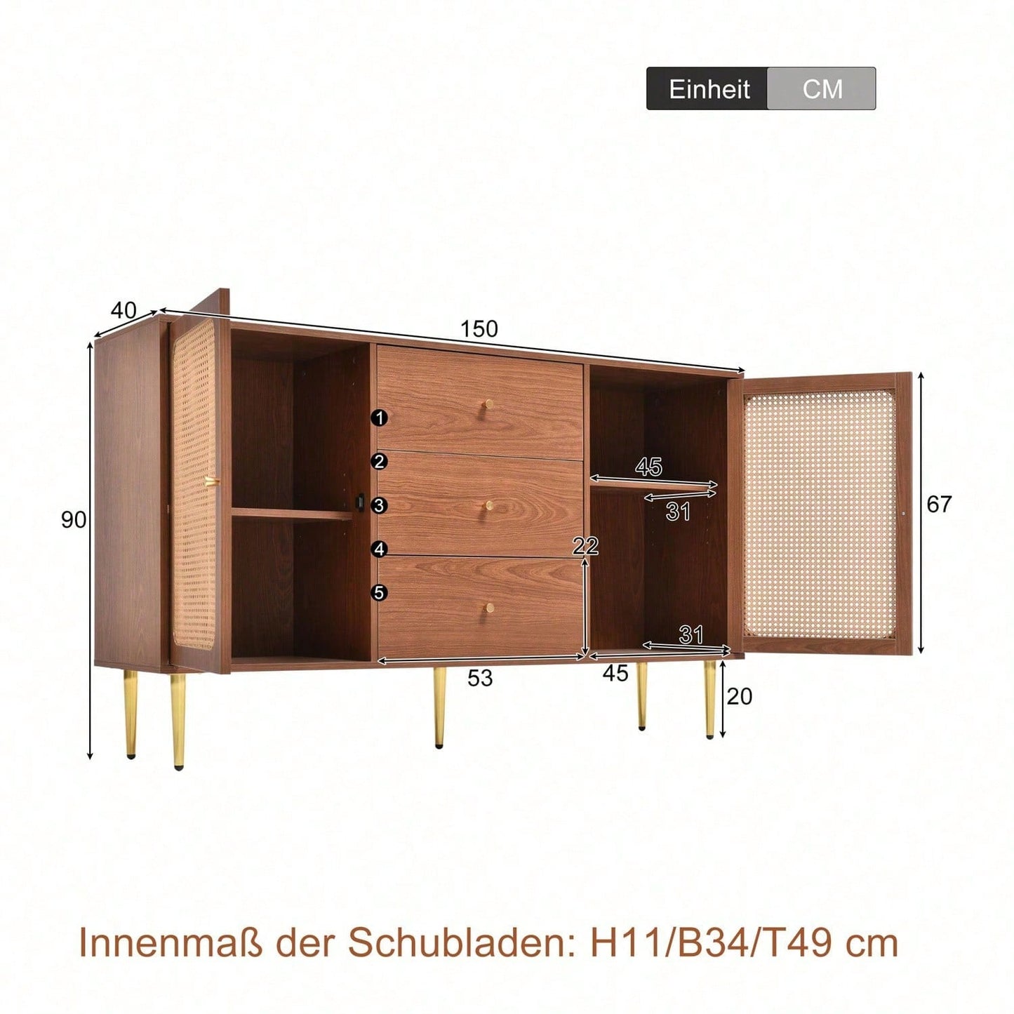 Kommode mit 2 Türen und 3 Schubladen, Rattan Türkommoden mit Schubkasten, Verstellbare Ablage, für Wohnzimmer Schlafzimmer, Nussbaum-H90/B150/T40 cm