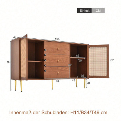 Kommode mit 2 Türen und 3 Schubladen, Rattan Türkommoden mit Schubkasten, Verstellbare Ablage, für Wohnzimmer Schlafzimmer, Nussbaum-H90/B150/T40 cm