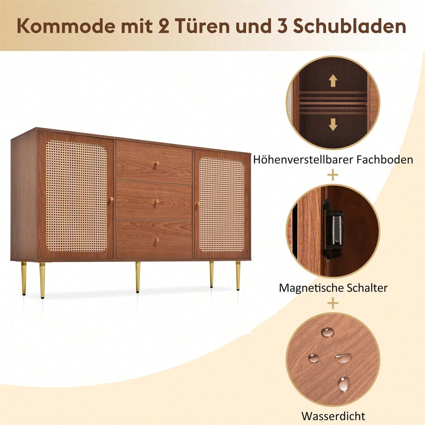 Kommode mit 2 Türen und 3 Schubladen, Rattan Türkommoden mit Schubkasten, Verstellbare Ablage, für Wohnzimmer Schlafzimmer, Nussbaum-H90/B150/T40 cm