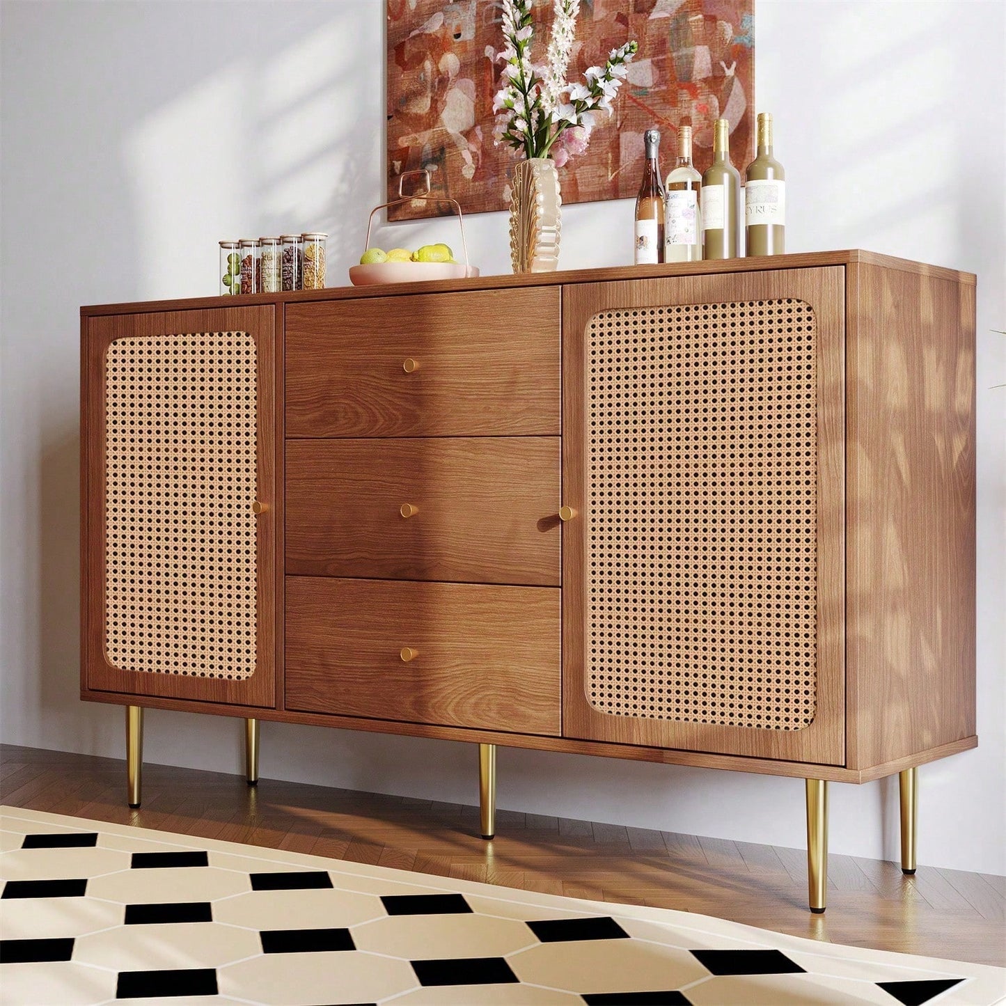 Kommode mit 2 Türen und 3 Schubladen, Rattan Türkommoden mit Schubkasten, Verstellbare Ablage, für Wohnzimmer Schlafzimmer, Nussbaum-H90/B150/T40 cm