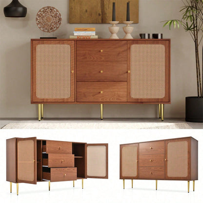 Kommode mit 2 Türen und 3 Schubladen, Rattan Türkommoden mit Schubkasten, Verstellbare Ablage, für Wohnzimmer Schlafzimmer, Nussbaum-H90/B150/T40 cm