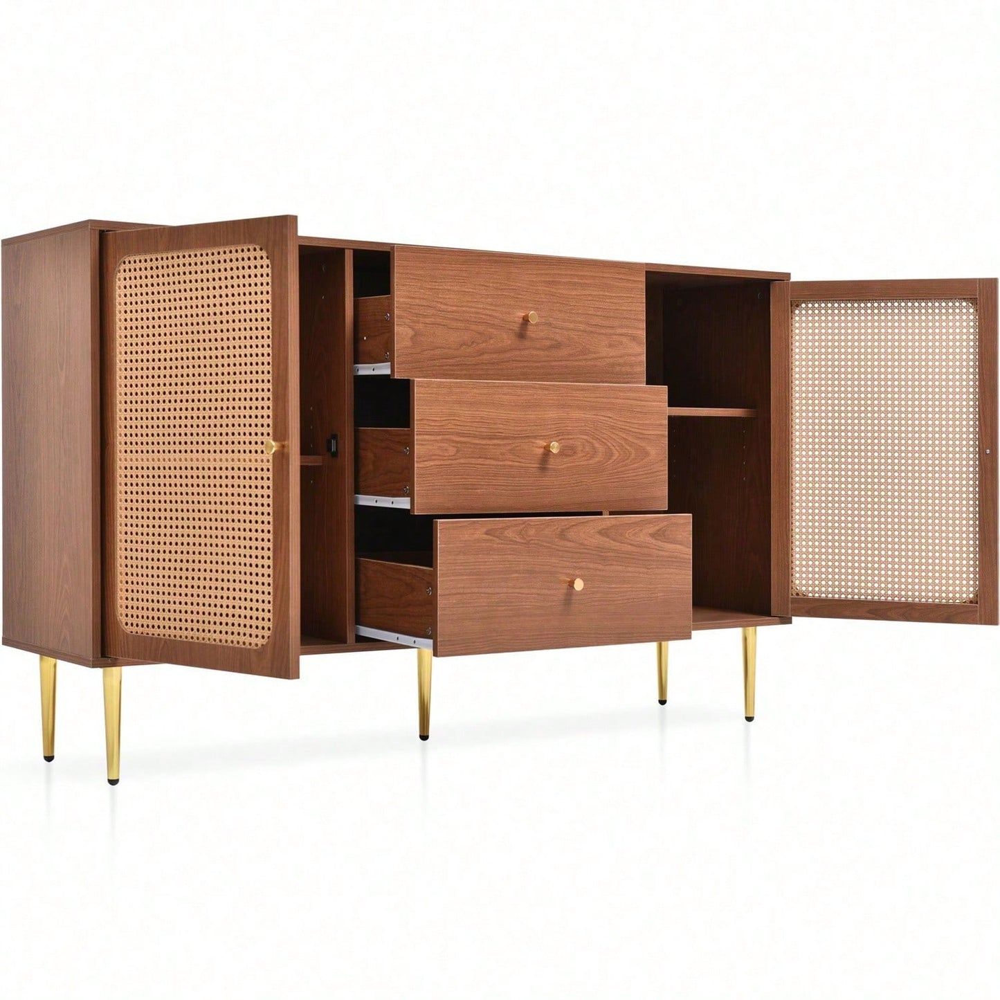 Kommode mit 2 Türen und 3 Schubladen, Rattan Türkommoden mit Schubkasten, Verstellbare Ablage, für Wohnzimmer Schlafzimmer, Nussbaum-H90/B150/T40 cm