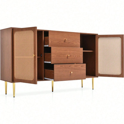Kommode mit 2 Türen und 3 Schubladen, Rattan Türkommoden mit Schubkasten, Verstellbare Ablage, für Wohnzimmer Schlafzimmer, Nussbaum-H90/B150/T40 cm