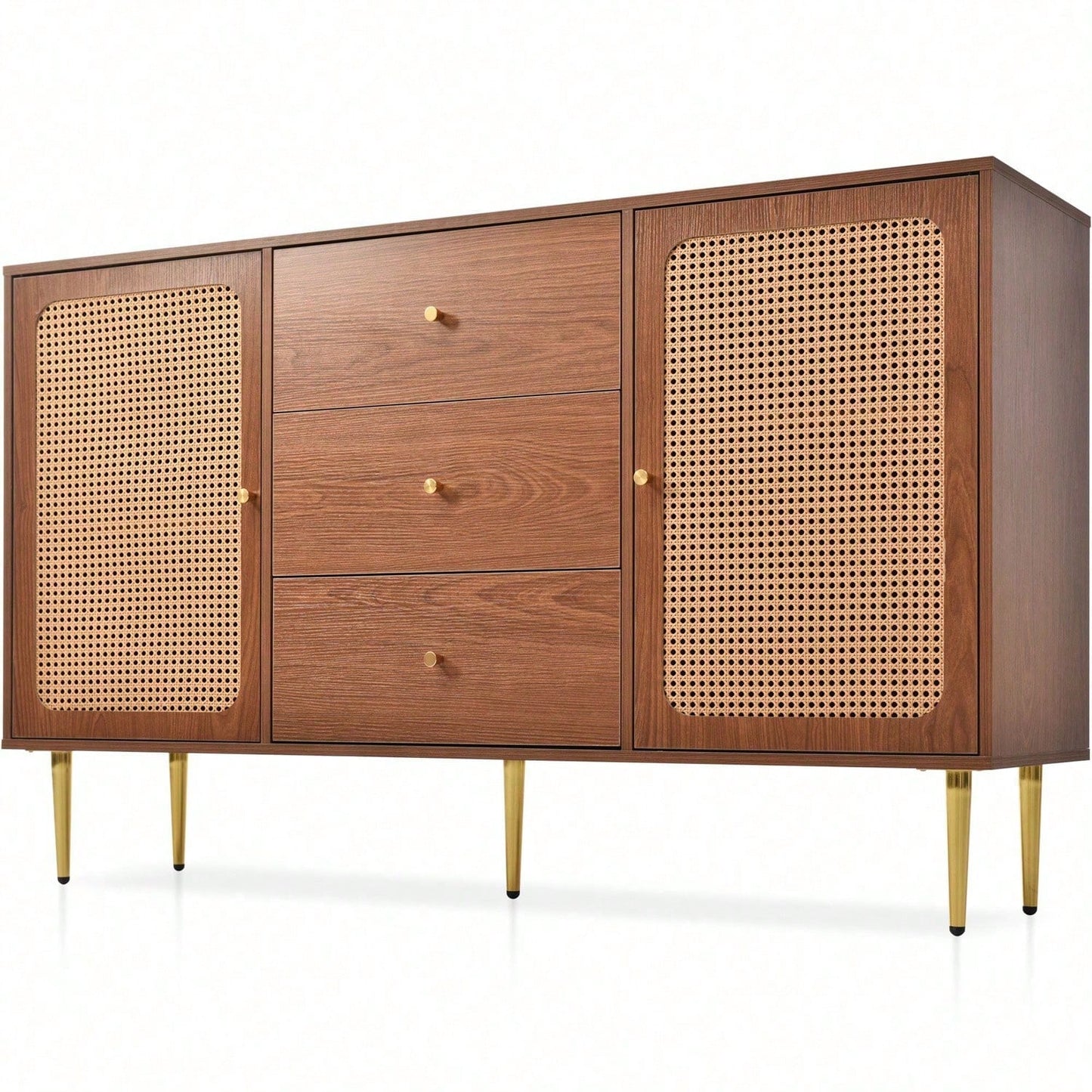 Kommode mit 2 Türen und 3 Schubladen, Rattan Türkommoden mit Schubkasten, Verstellbare Ablage, für Wohnzimmer Schlafzimmer, Nussbaum-H90/B150/T40 cm