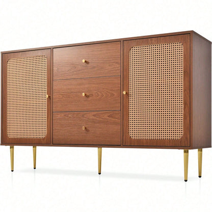 Kommode mit 2 Türen und 3 Schubladen, Rattan Türkommoden mit Schubkasten, Verstellbare Ablage, für Wohnzimmer Schlafzimmer, Nussbaum-H90/B150/T40 cm