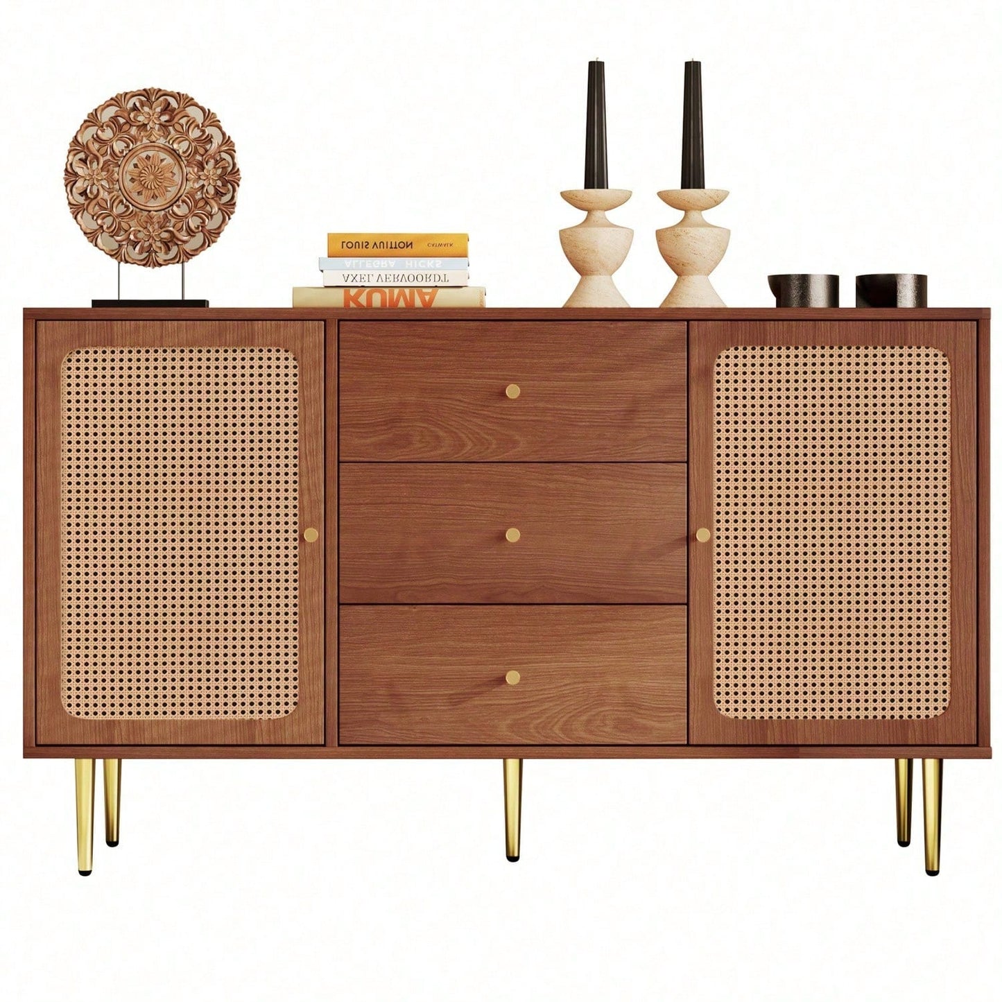 Kommode mit 2 Türen und 3 Schubladen, Rattan Türkommoden mit Schubkasten, Verstellbare Ablage, für Wohnzimmer Schlafzimmer, Nussbaum-H90/B150/T40 cm