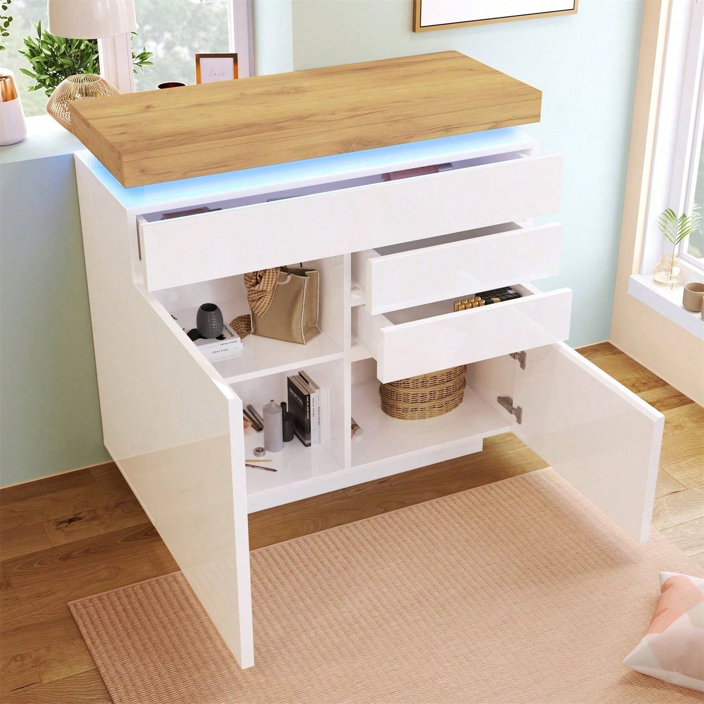 Kommode, Hochglanz Sideboard mit 2 Türen und 3 Schubladen, LED Beleuchtung (App Control), Mehrzweckschrank für Wohnzimmer und Schlafzimmer, 115 x 110 x 39 cm, Weiß