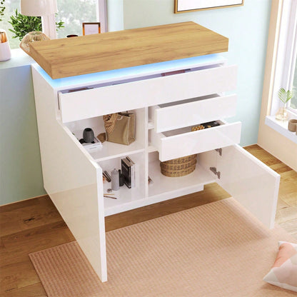 Kommode, Hochglanz Sideboard mit 2 Türen und 3 Schubladen, LED Beleuchtung (App Control), Mehrzweckschrank für Wohnzimmer und Schlafzimmer, 115 x 110 x 39 cm, Weiß