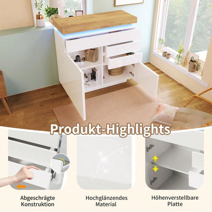 Kommode, Hochglanz Sideboard mit 2 Türen und 3 Schubladen, LED Beleuchtung (App Control), Mehrzweckschrank für Wohnzimmer und Schlafzimmer, 115 x 110 x 39 cm, Weiß