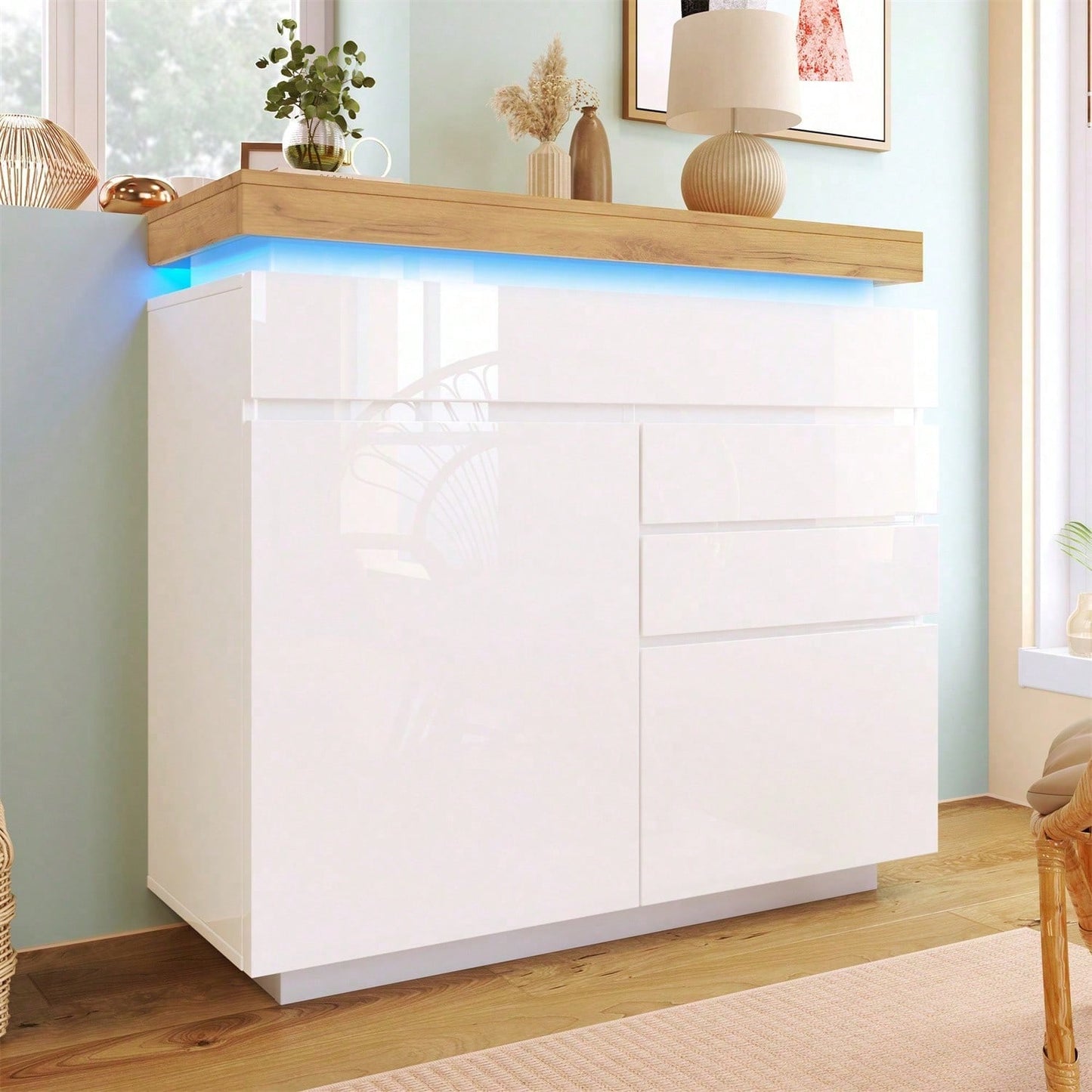 Kommode, Hochglanz Sideboard mit 2 Türen und 3 Schubladen, LED Beleuchtung (App Control), Mehrzweckschrank für Wohnzimmer und Schlafzimmer, 115 x 110 x 39 cm, Weiß