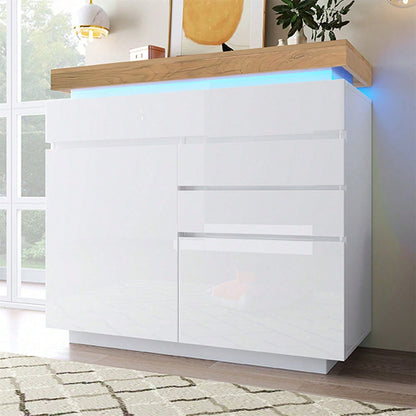 Kommode, Hochglanz Sideboard mit 2 Türen und 3 Schubladen, LED Beleuchtung (App Control), Mehrzweckschrank für Wohnzimmer und Schlafzimmer, 115 x 110 x 39 cm, Weiß