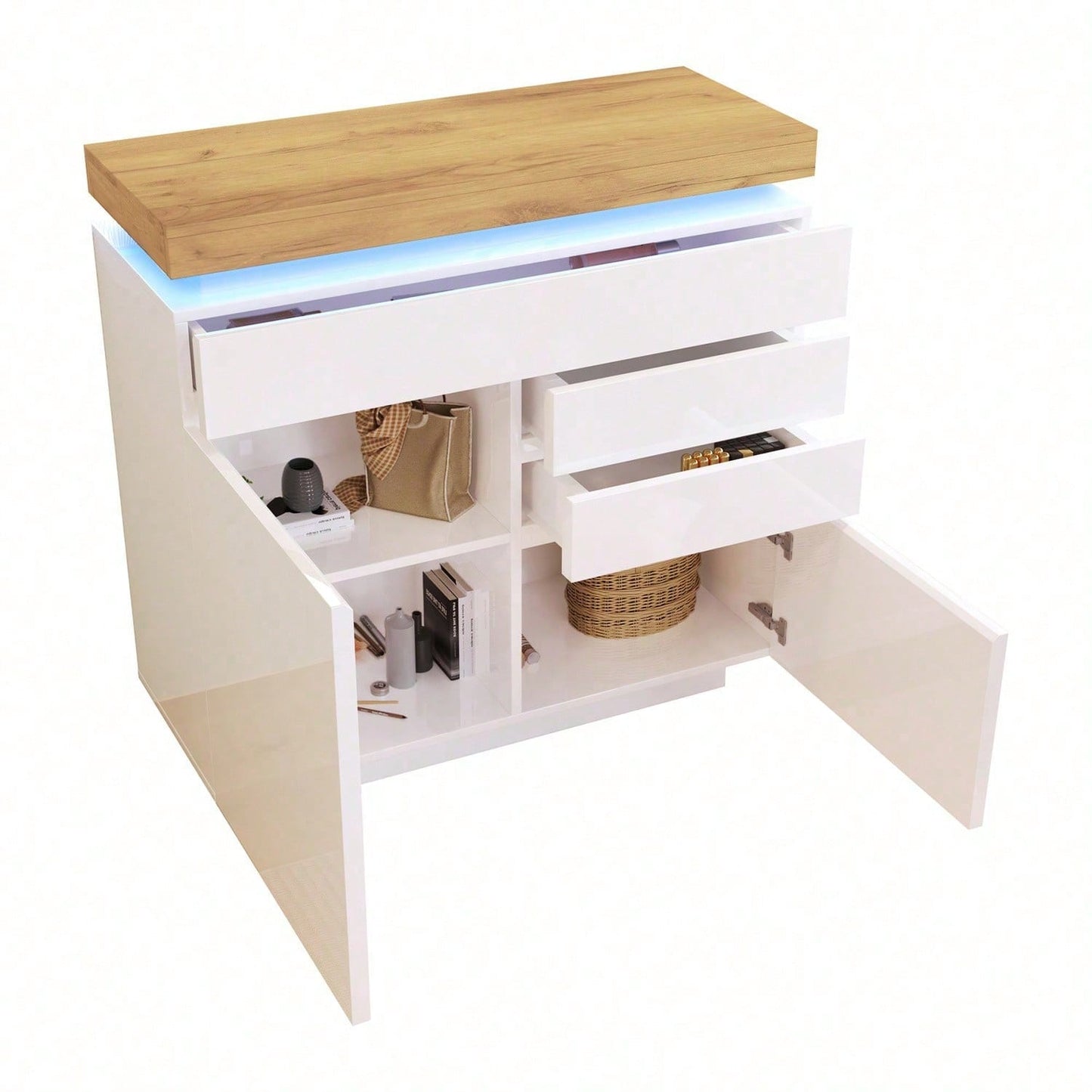 Kommode, Hochglanz Sideboard mit 2 Türen und 3 Schubladen, LED Beleuchtung (App Control), Mehrzweckschrank für Wohnzimmer und Schlafzimmer, 115 x 110 x 39 cm, Weiß