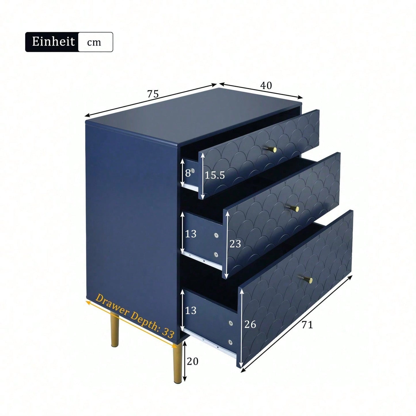 Schubladenkommode Kommode mit 3 Schubladen, Sideboard Highboard für Schlafzimmer & alle Wohnräume,Marineblau-H89/B75/T40 cm