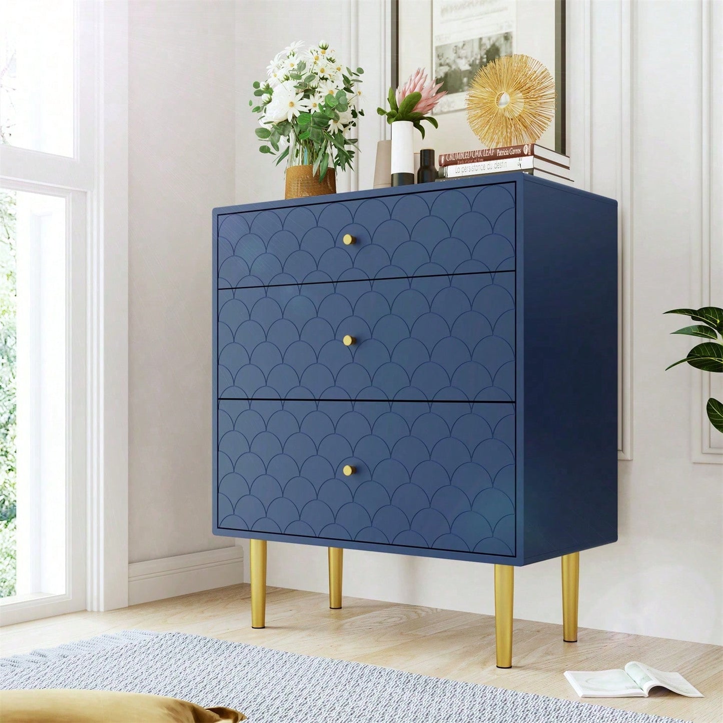 Schubladenkommode Kommode mit 3 Schubladen, Sideboard Highboard für Schlafzimmer & alle Wohnräume,Marineblau-H89/B75/T40 cm